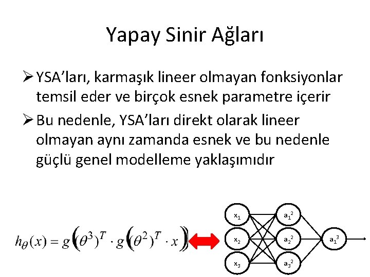 Yapay Sinir Ağları Ø YSA’ları, karmaşık lineer olmayan fonksiyonlar temsil eder ve birçok esnek