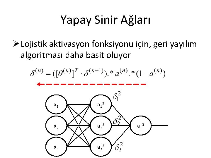 Yapay Sinir Ağları Ø Lojistik aktivasyon fonksiyonu için, geri yayılım algoritması daha basit oluyor