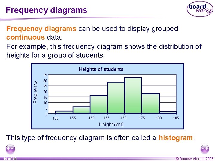 Frequency diagrams can be used to display grouped continuous data. For example, this frequency