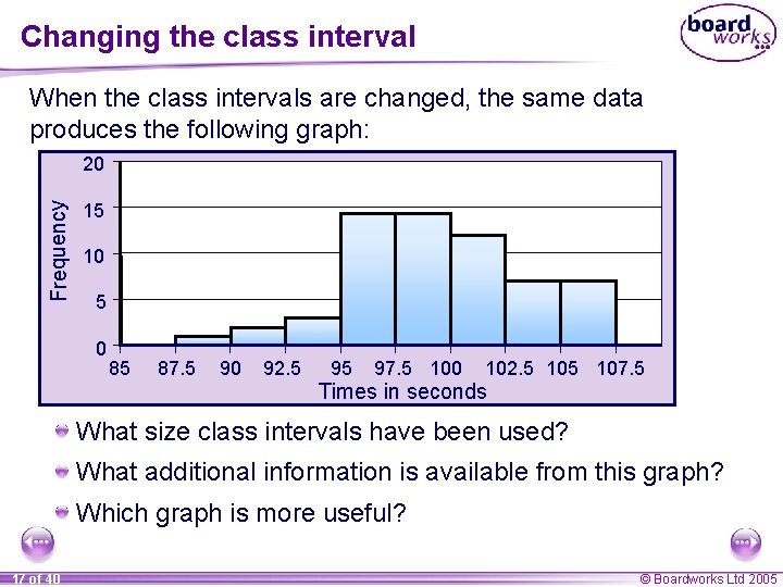 Changing the class interval When the class intervals are changed, the same data produces