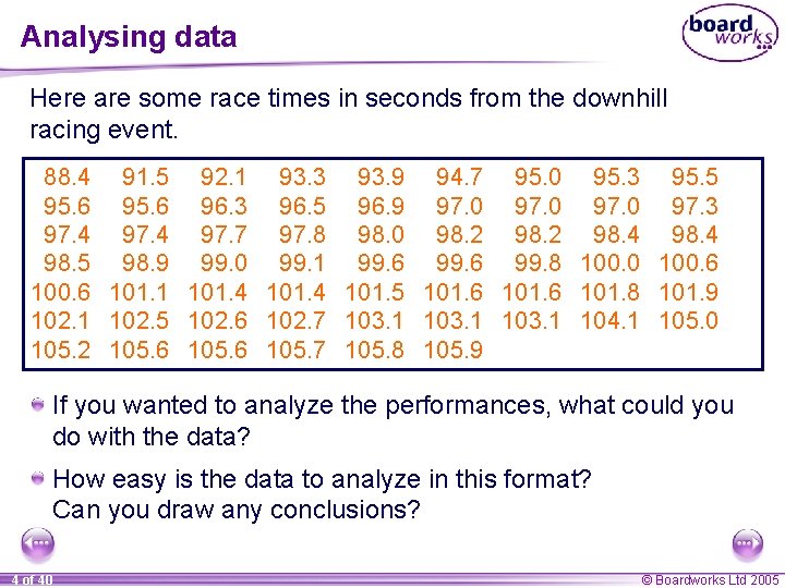 Analysing data Here are some race times in seconds from the downhill racing event.