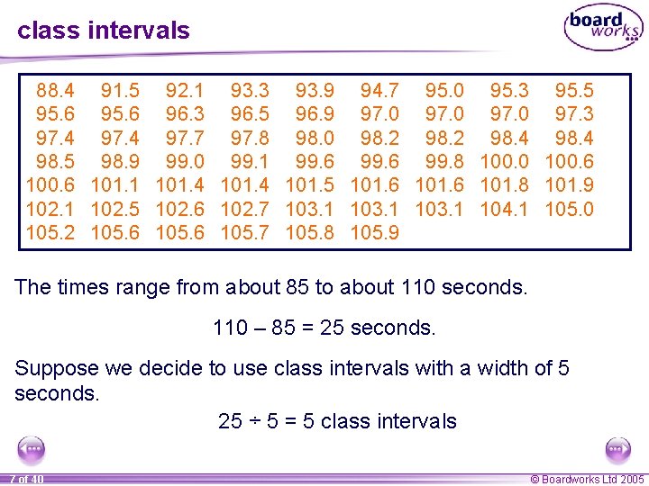class intervals 88. 4 91. 5 92. 1 93. 3 93. 9 94. 7