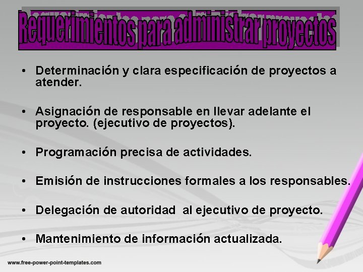  • Determinación y clara especificación de proyectos a atender. • Asignación de responsable
