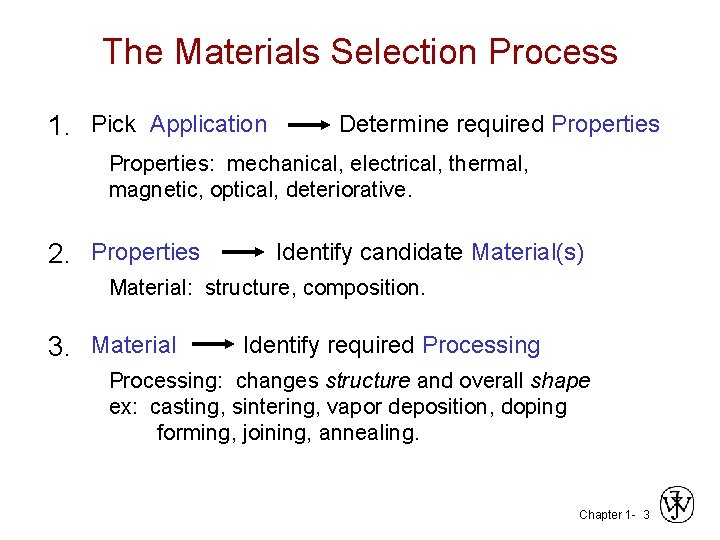 The Materials Selection Process 1. Pick Application Determine required Properties: mechanical, electrical, thermal, magnetic,