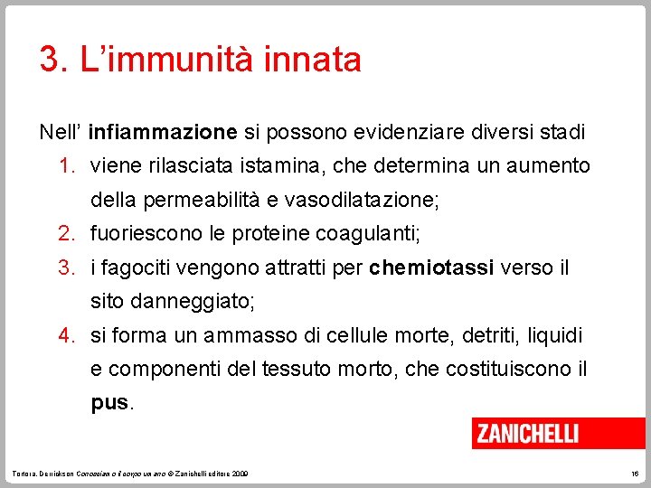 3. L’immunità innata Nell’ infiammazione si possono evidenziare diversi stadi 1. viene rilasciata istamina,