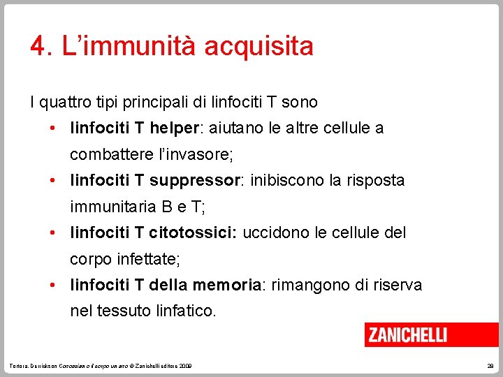 4. L’immunità acquisita I quattro tipi principali di linfociti T sono • linfociti T