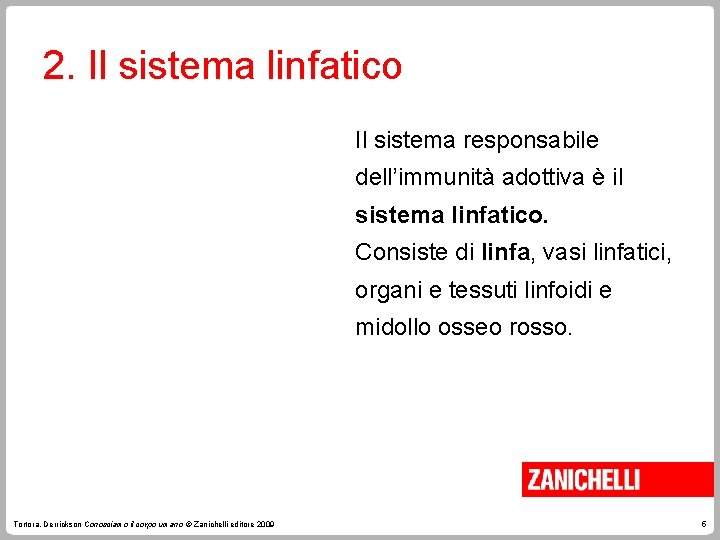 2. Il sistema linfatico Il sistema responsabile dell’immunità adottiva è il sistema linfatico. Consiste