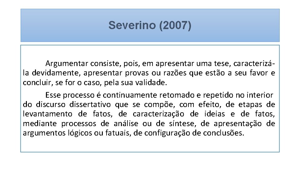 Severino (2007) Argumentar consiste, pois, em apresentar uma tese, caracterizála devidamente, apresentar provas ou