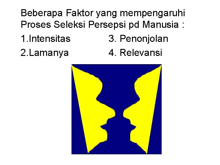 Beberapa Faktor yang mempengaruhi Proses Seleksi Persepsi pd Manusia : 1. Intensitas 3. Penonjolan