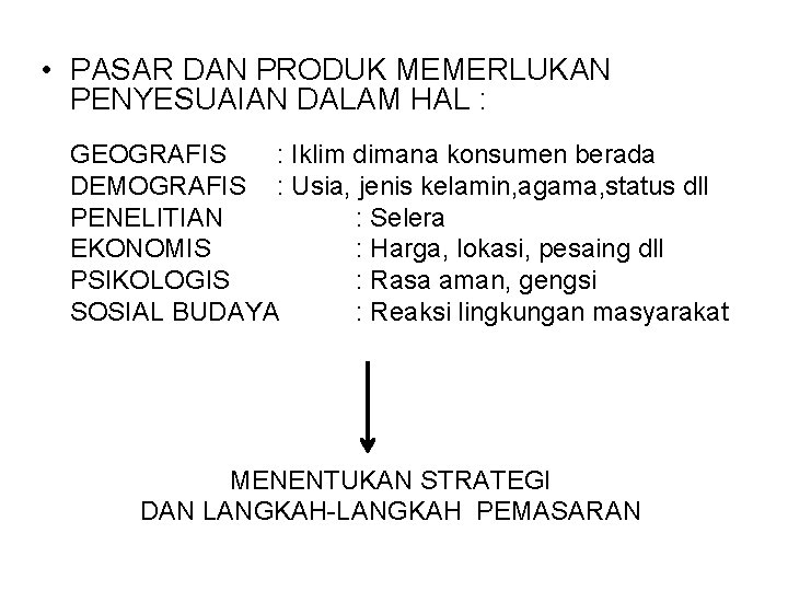  • PASAR DAN PRODUK MEMERLUKAN PENYESUAIAN DALAM HAL : GEOGRAFIS : Iklim dimana