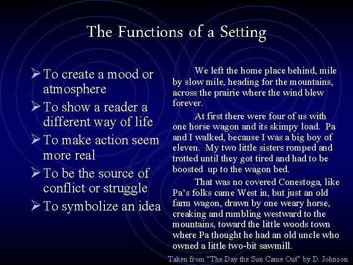 The Functions of a Setting Ø To create a mood or atmosphere Ø To