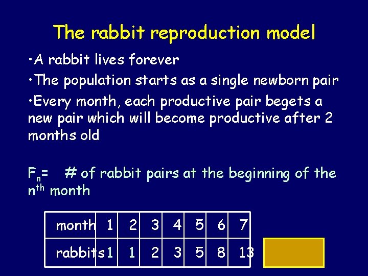 The rabbit reproduction model • A rabbit lives forever • The population starts as The rabbit reproduction model • A rabbit lives forever • The population starts as
