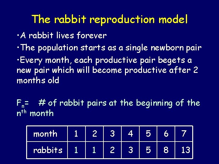 The rabbit reproduction model • A rabbit lives forever • The population starts as The rabbit reproduction model • A rabbit lives forever • The population starts as