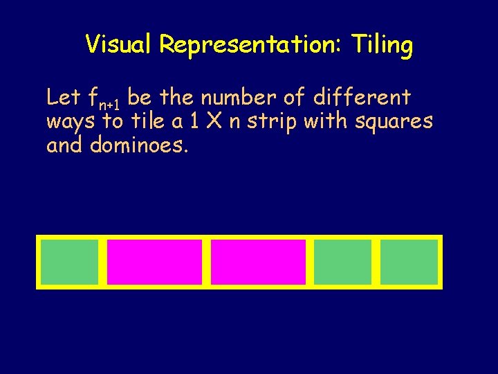 Visual Representation: Tiling Let fn+1 be the number of different ways to tile a Visual Representation: Tiling Let fn+1 be the number of different ways to tile a