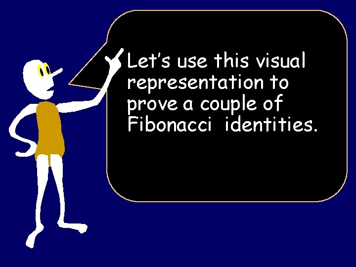 Let’s use this visual representation to prove a couple of Fibonacci identities. Let’s use this visual representation to prove a couple of Fibonacci identities.