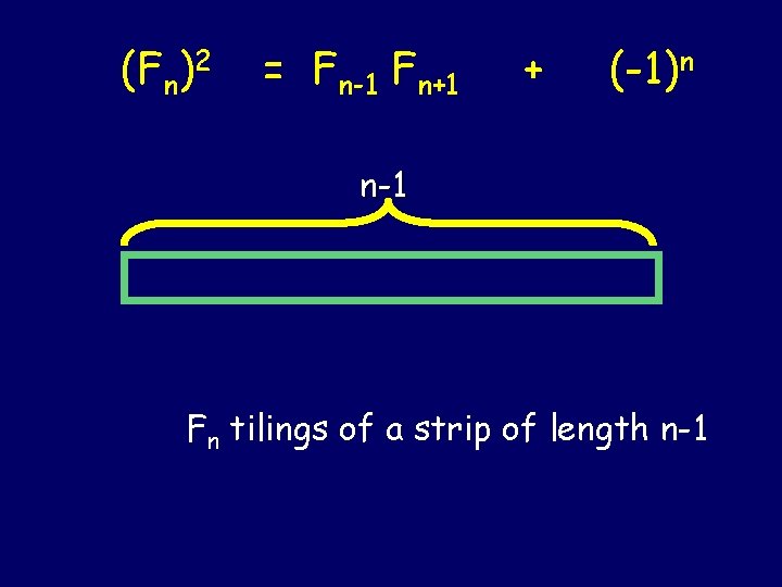 (Fn)2 = Fn-1 Fn+1 + (-1)n n-1 Fn tilings of a strip of length (Fn)2 = Fn-1 Fn+1 + (-1)n n-1 Fn tilings of a strip of length