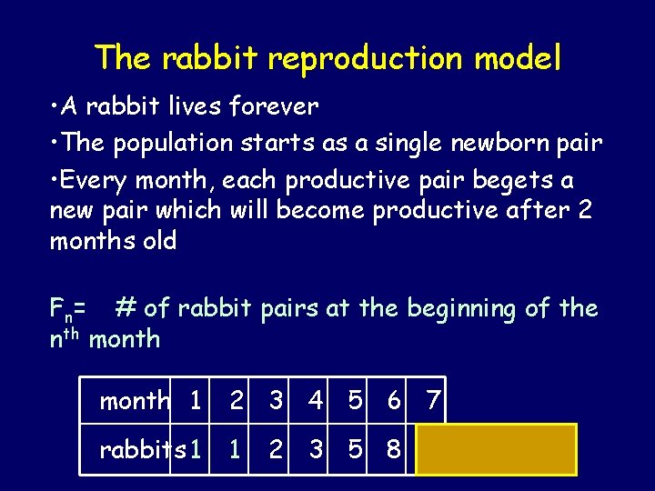The rabbit reproduction model • A rabbit lives forever • The population starts as The rabbit reproduction model • A rabbit lives forever • The population starts as