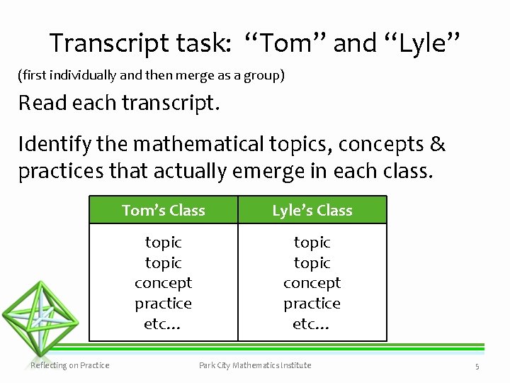 Transcript task: “Tom” and “Lyle” (first individually and then merge as a group) Read