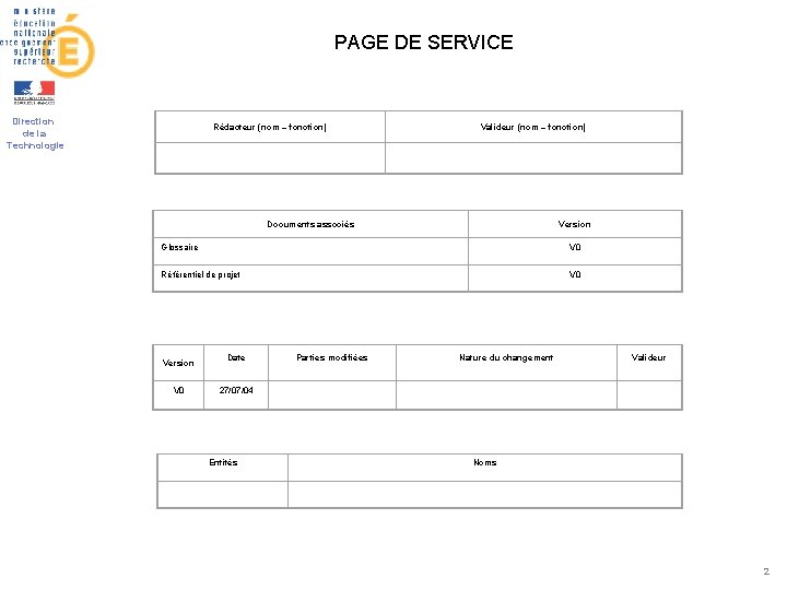 PAGE DE SERVICE Direction de la Technologie Rédacteur (nom – fonction) Valideur (nom –
