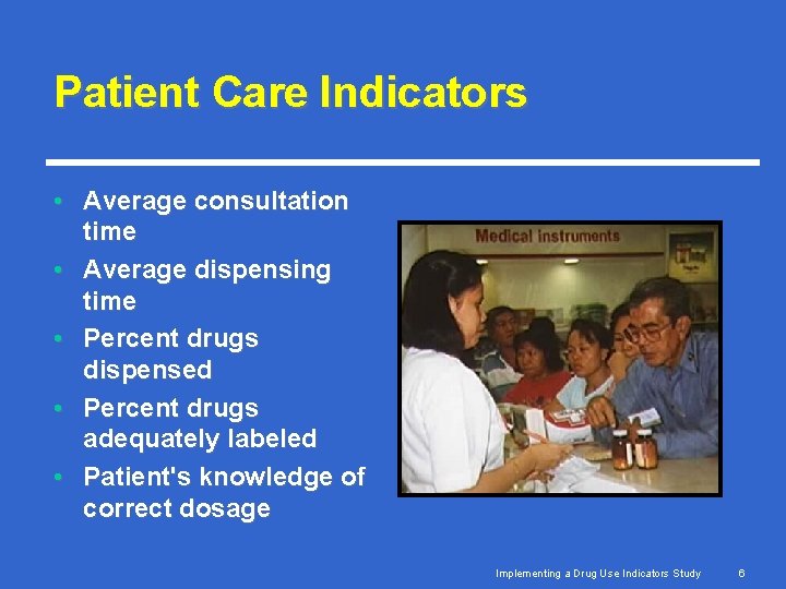 Patient Care Indicators • Average consultation time • Average dispensing time • Percent drugs Patient Care Indicators • Average consultation time • Average dispensing time • Percent drugs