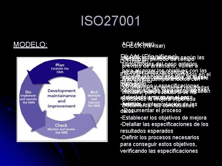 ISO 27001 MODELO: ACT (Actuar) CHECK (Revisar) • Pasado un periodo de tiempo Modificar