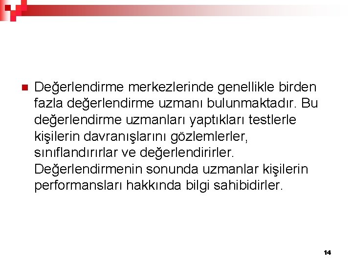 n Değerlendirme merkezlerinde genellikle birden fazla değerlendirme uzmanı bulunmaktadır. Bu değerlendirme uzmanları yaptıkları testlerle