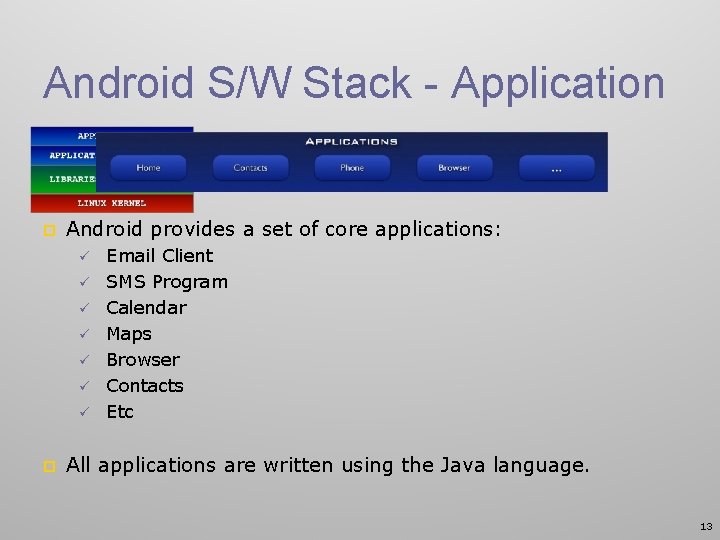 Android S/W Stack - Application p Android provides a set of core applications: ü