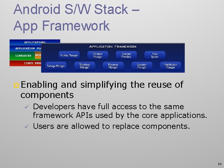 Android S/W Stack – App Framework p Enabling and simplifying the reuse of components