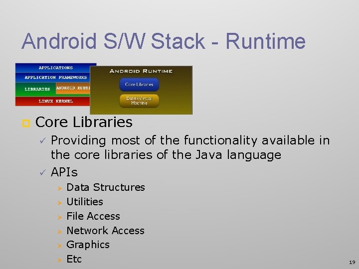 Android S/W Stack - Runtime p Core Libraries ü ü Providing most of the