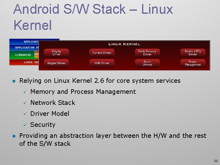 Android S/W Stack – Linux Kernel l l Relying on Linux Kernel 2. 6