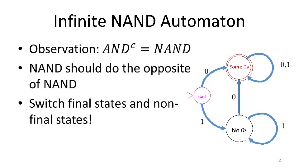 Infinite NAND Automaton • start Some 0 s No 0 s 2 
