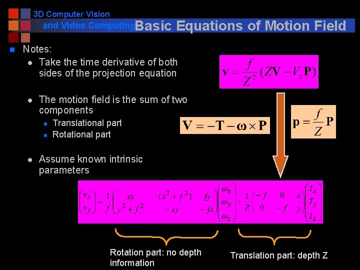 3 D Computer Vision and Video Computing. Basic Equations of Motion Field n Notes: