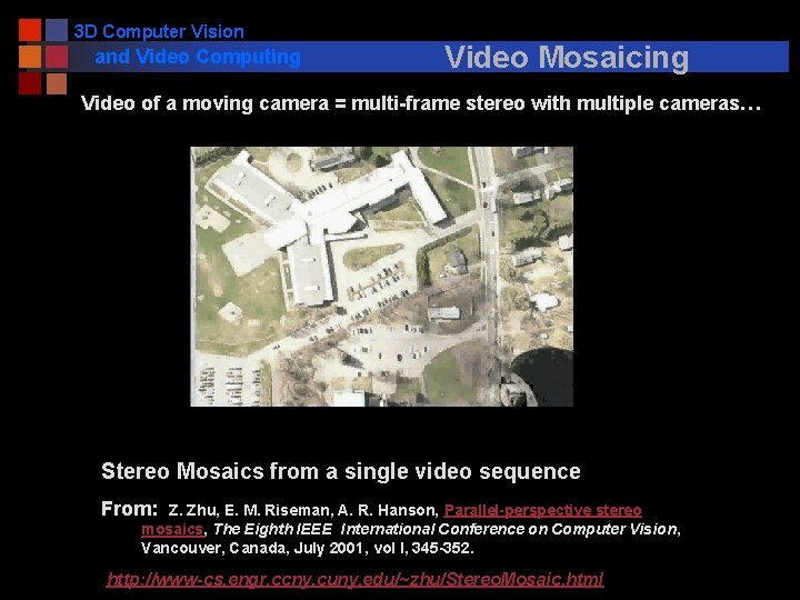 3 D Computer Vision and Video Computing Video Mosaicing Video of a moving camera