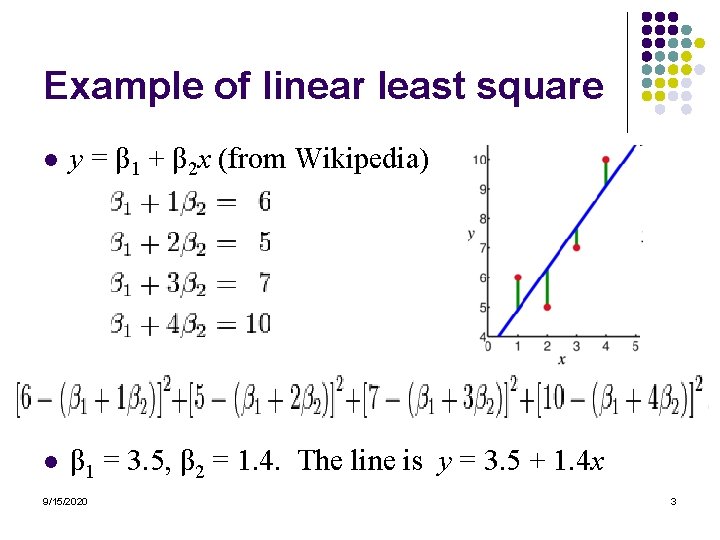 Example of linear least square l y = β 1 + β 2 x