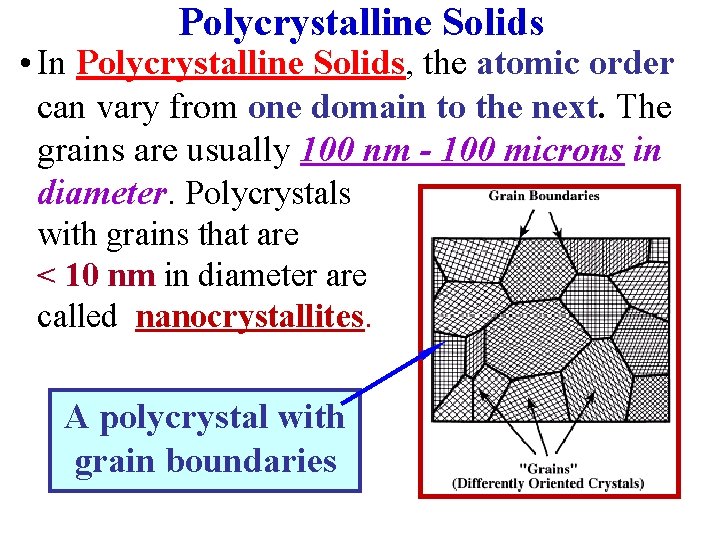 Polycrystalline Solids • In Polycrystalline Solids, the atomic order can vary from one domain