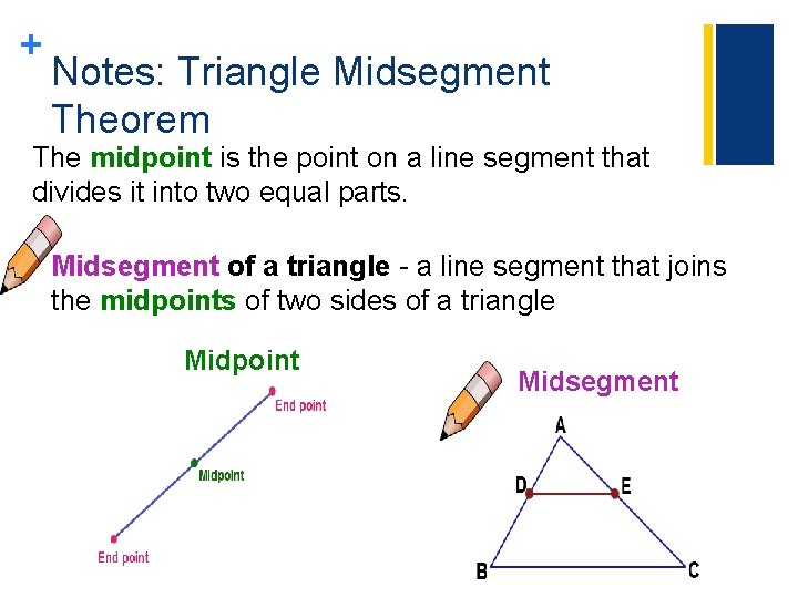 + Notes: Triangle Midsegment Theorem The midpoint is the point on a line segment + Notes: Triangle Midsegment Theorem The midpoint is the point on a line segment
