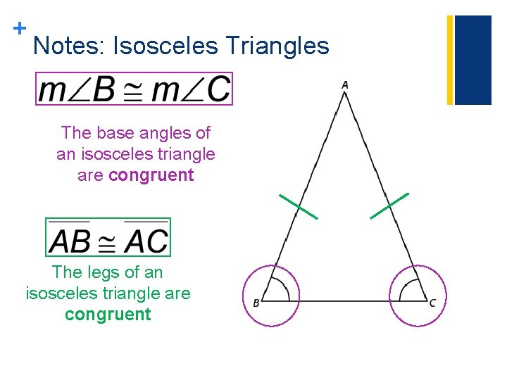 + Notes: Isosceles Triangles The base angles of an isosceles triangle are congruent The + Notes: Isosceles Triangles The base angles of an isosceles triangle are congruent The