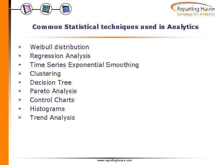 Common Statistical techniques used in Analytics • • • Weibull distribution Regression Analysis Time