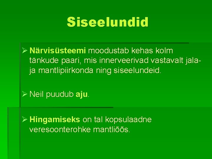 Siseelundid Ø Närvisüsteemi moodustab kehas kolm tänkude paari, mis innerveerivad vastavalt jalaja mantlipiirkonda ning