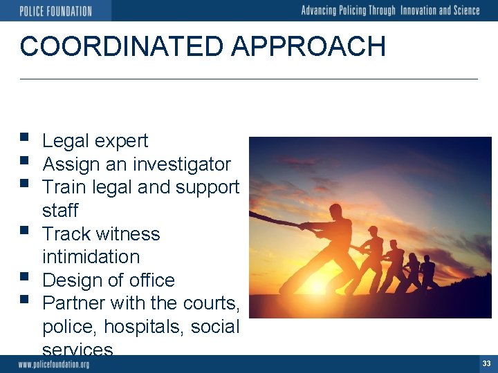 COORDINATED APPROACH § § § Legal expert Assign an investigator Train legal and support
