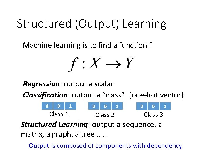 Structured (Output) Learning Machine learning is to find a function f Regression: output a