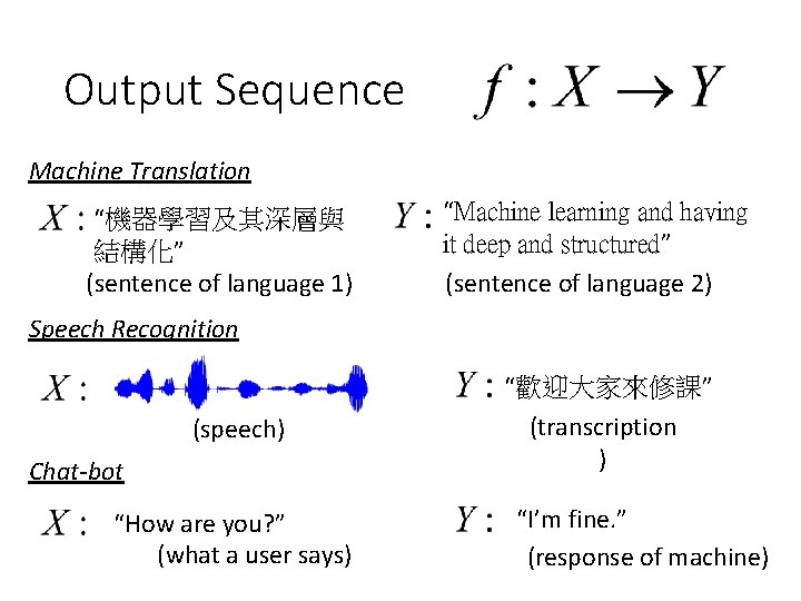 Output Sequence Machine Translation “機器學習及其深層與 結構化” (sentence of language 1) “Machine learning and having