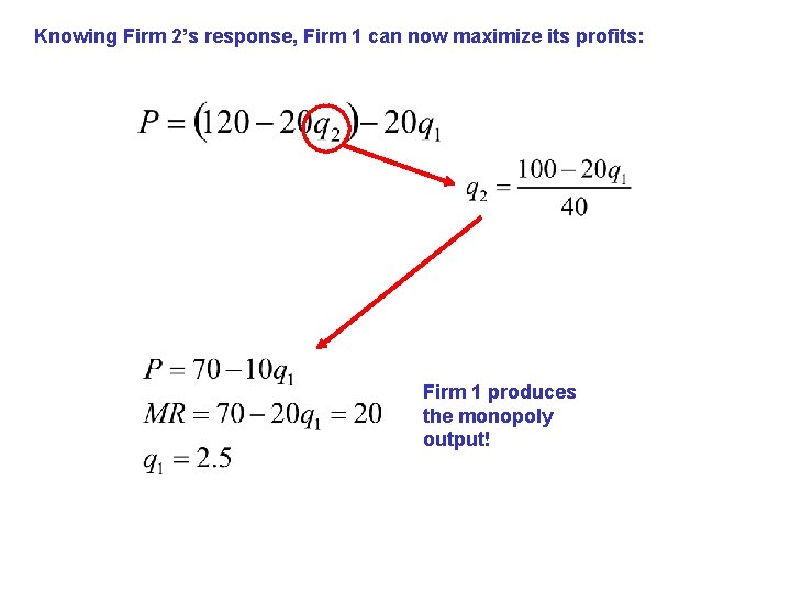 Knowing Firm 2’s response, Firm 1 can now maximize its profits: Firm 1 produces