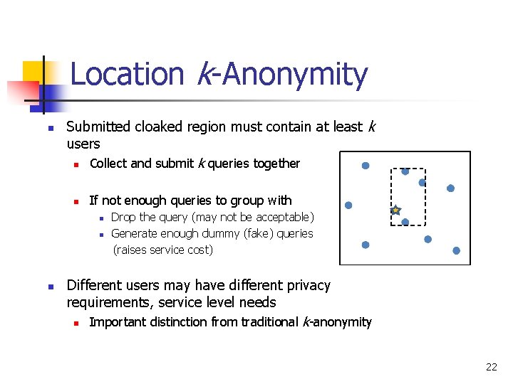 Location k-Anonymity n Submitted cloaked region must contain at least k users n Collect Location k-Anonymity n Submitted cloaked region must contain at least k users n Collect