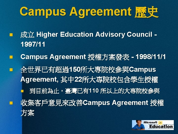 Campus Agreement 歷史 n 成立 Higher Education Advisory Council 1997/11 n Campus Agreement 授權方案發表