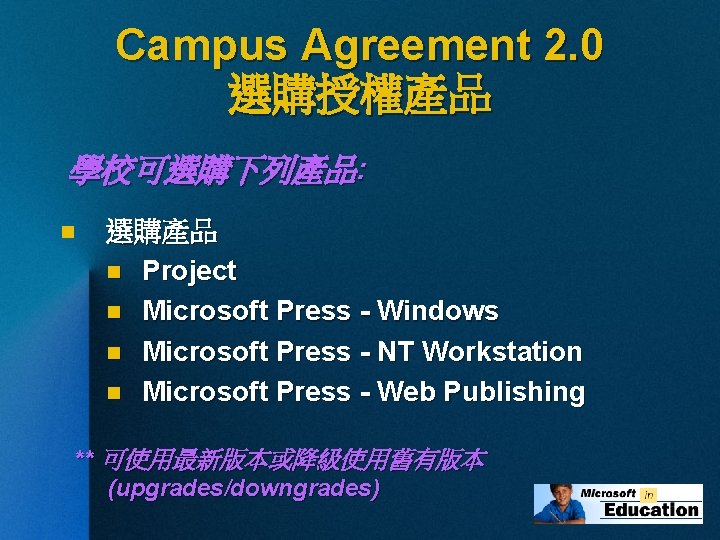 Campus Agreement 2. 0 選購授權產品 學校可選購下列產品: n 選購產品 n Project n Microsoft Press -