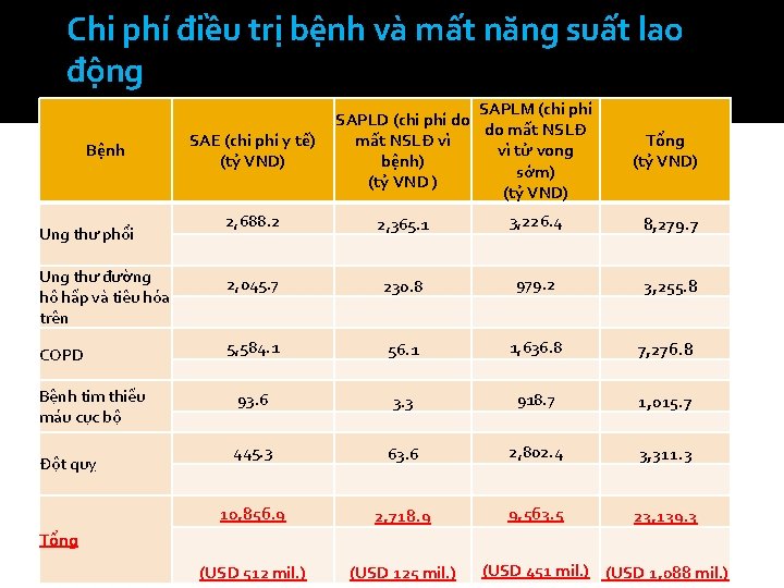 Chi phí điều trị bệnh và mất năng suất lao động Bệnh SAE (chi