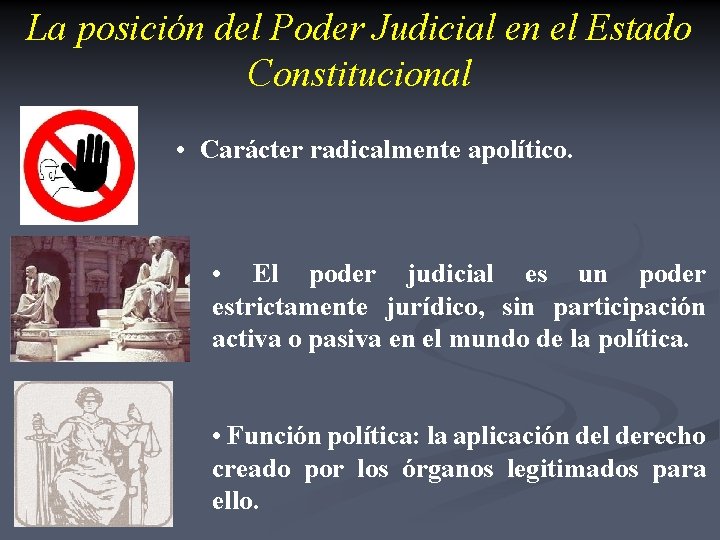 La posición del Poder Judicial en el Estado Constitucional • Carácter radicalmente apolítico. • La posición del Poder Judicial en el Estado Constitucional • Carácter radicalmente apolítico. •