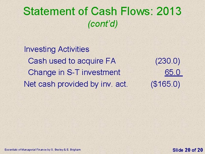 Statement of Cash Flows: 2013 (cont’d) Investing Activities Cash used to acquire FA Change