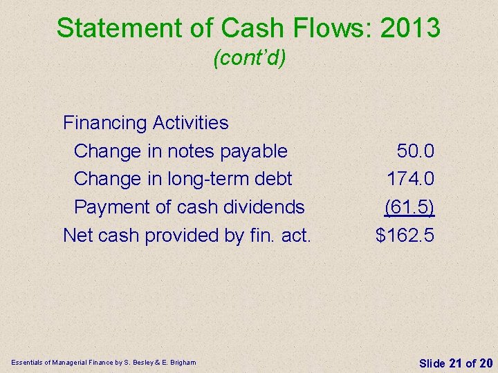 Statement of Cash Flows: 2013 (cont’d) Financing Activities Change in notes payable Change in